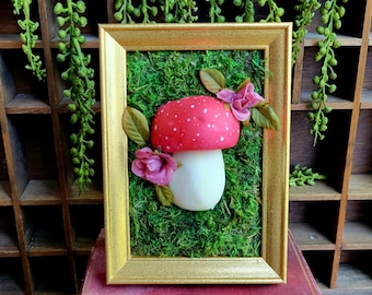 Escena natural de casa de hongo rojo en miniatura, decoración de cabaña, decoración de duende, escena de jardín de hongos, decoración de hongos, decoración de bosque