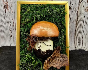 Escena de naturaleza con hongos marrones, decoración con núcleo de cabaña, decoración con núcleo de duende, escena de jardín de hongos, decoración con hongos, decoración de bosque, escena de hongos de cobre