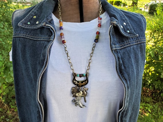 Short necklace with leather floral toolingshort necklace with floral leather pendant cowgirl jewelry western jewelry