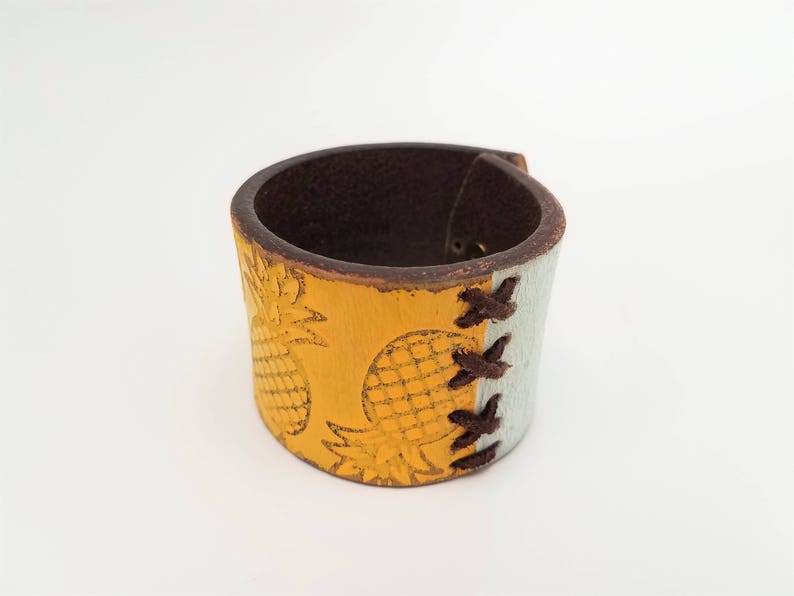 Boho Cuff Yellow Pineapple Leather Cuff Worn Leather Cuff Pineapple Cuff Leather Belt Bracelet Pineapple Bracelet Pineapple Jewelry