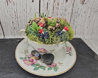Miniature Rabbit Teacup Scene, Cottage Core Decor, Goblin Core Decor, Teacup Garden, Woodland Scene, Nature Diorama, Teacup Art