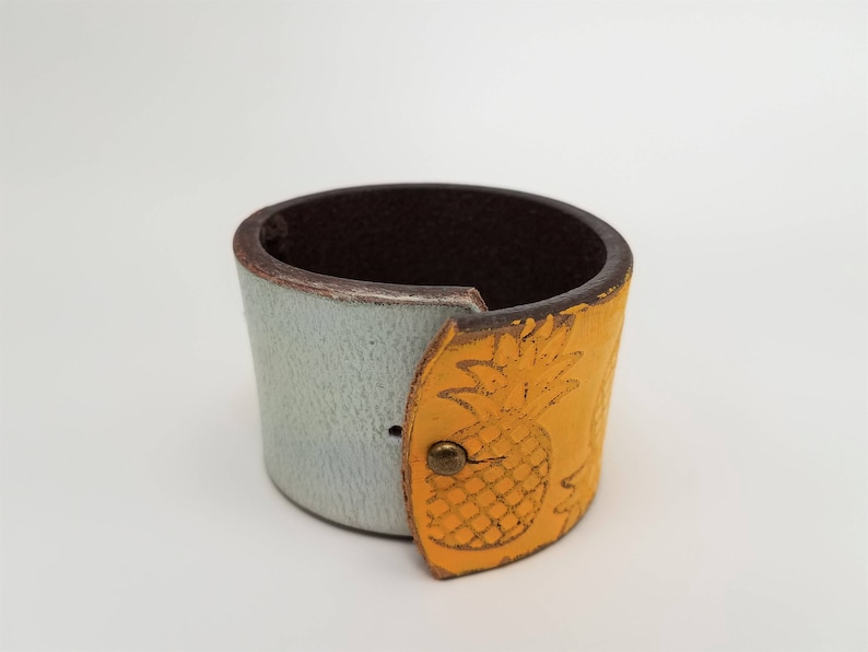 Boho Cuff Yellow Pineapple Leather Cuff Worn Leather Cuff Pineapple Cuff Leather Belt Bracelet Pineapple Bracelet Pineapple Jewelry