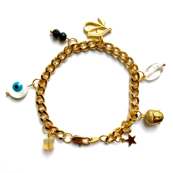 Bracelet BON OEIL maille gourmette avec charms oeil, tête de Bouddha, pierre de lave et étoile, plaqué or