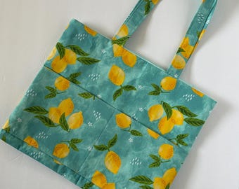 Sac fourre-tout bleu sarcelle à imprimé citron, sac de projet, sac de livre