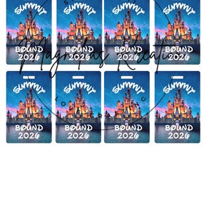 May include: Rectangular blue tags with a castle illustration, the word "summiy" above the castle, and "BOUND 2026" below. The tags have a hole at the top for attaching to a lanyard.