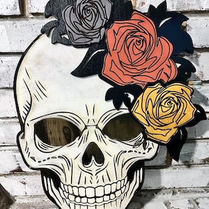 Skull Wall Art, Flower Wall Art, Skull and Flower Wall Art, Wood Wall Art, Halloween Wall Art