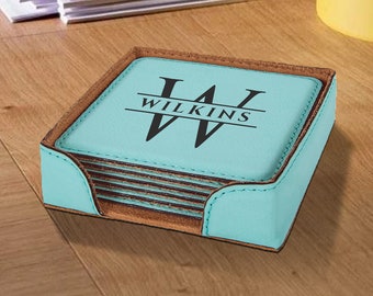 Set of Six Square Vegan Leather Engraved Coaster Set Personalized Monogram