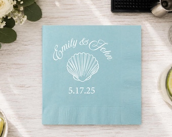 Personalized Beach Wedding Napkins, Custom Seashell Cocktail Napkins, Coastal Wedding Bar Napkins, Beach Wedding Decor
