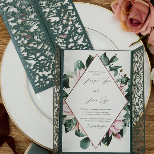 Emerald Forest Green Laser Cut Wedding Invitations With Rsvp Etsy