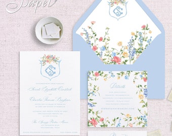 Garden in Bloom Floral Wedding Invitations with Blue Envelopes - Romantic Floral Wedding Suite, Semi-custom, Grandmillenial, Chinoiserie