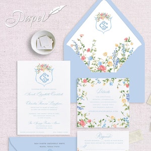 Garden in Bloom Floral Wedding Invitations with Blue Envelopes - Romantic Floral Wedding Suite, Semi-custom, Grandmillenial, Chinoiserie