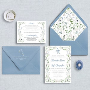 Blue and White Floral Wedding Invitations, French Blue, Chinoiserie, Semi-custom invitations, lined envelopes, white ink return & guest