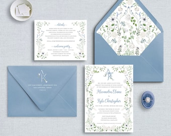 Blue and White Floral Wedding Invitations, French Blue, Chinoserie, Semi-custom invitations, lined envelopes, white ink return & guest