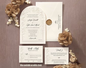 Arch Wedding Invitation: Pearl Foil Frame, Sculpted Embossed Flowers