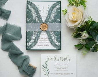 Emerald Green Chantilly Lace Laser Cut Wedding Invitations