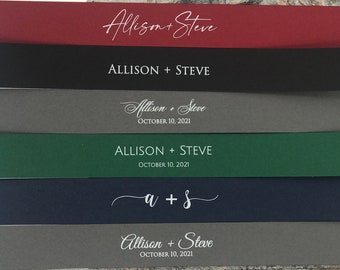 Custom belly bands printed in white ink on dark card stock, wedding invitation bands, enclosure band, navy, burgundy, hunter, black, grey