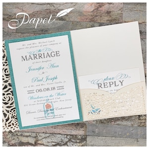 Ivory Shimmer Laser Cut Wedding Invitations with Disney like designs and teal or black accents Pocket, Jacket, Envelope, Folder, Pocketfold image 1