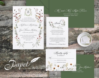 Wildflower Crest Wedding Invitations, Outdoor Wedding Invitation Suite, Semi-custom invitations, green envelopes, white ink return & guest