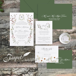 Wildflower Crest Wedding Invitations: Green Envelopes, White Ink
