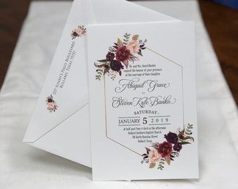 Wedding Invitations Marsala Burgundy Blush Modern Wedding Invites Geometric Design Flowers Quinceanera Sweet 15 Sweet 16 Gala Party Event