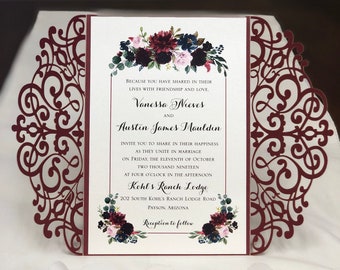 Burgundy Shimmer Lace Laser Cut Wedding Invitations: Art Deco Gatsby
