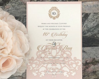 May include: A pink and white invitation with a gold monogram and the text "MARIA AND MICHAEL CLIFFORD REQUEST THE HONOR OF YOUR PRESENCE AT THE CELEBRATION OF THE 16th Birthday OF THEIR DAUGHTER  Ann FOURTEENTH Fora Tera JO JE CHO SAPIK"