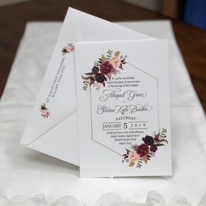 Wedding Invitations Marsala Burgundy Blush Modern Wedding Invites Geometric Design Flowers Quinceanera Sweet 15 Sweet 16 Gala Party Event