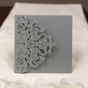 Pocket ONLY DIY Gorgeous Silver Shimmer Square Laser Cut Wedding Invitation  - no inserts or envelopes - DIY Laser Cut Wedding Invite Pocket