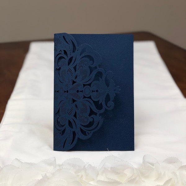 Pocket ONLY Laser Cut Wedding Invitation  - no inserts or envelopes - Laser Cut Lace Glittering Navy or Ivory Shimmer Wedding Invite Pocket