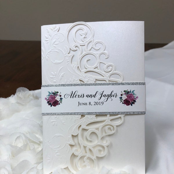 Lace Laser Cut and Embossed wedding invitation Mauve Dusty Rose Purple Tri-fold laser cut pocket elegant jacket completely customizable