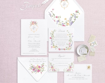 Whimsical Garden: Stunning Bright Floral Wedding Invitations in Pink, Lavender, and Yellow, Romantic Floral Wedding Suite, Semi-custom