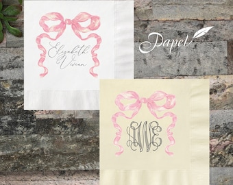 Pink Bow Baby Shower Napkins: Personalized Cocktail Beverage Napkins