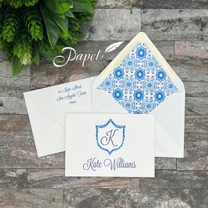 Set of 25 Personalized Foldover Notecard with printed return address and envelope liner, Thank you correspondence, Blue Scallop Medallion image 1