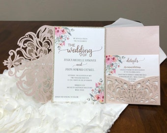 Lace Tri-Fold Laser Cut Wedding Invitations, Laser Cut Pocket Wedding Invitation, Quinceanera, Sweet 16, Sweet 16 Invitations