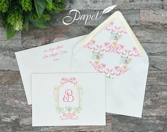 Set of 25 Personalized Foldover Notecard with printed return address and envelope liner, Thank you correspondence, Romeo Crest, Florals