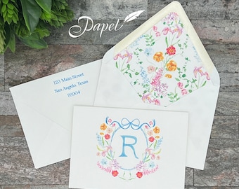 Personalized Foldover Notecard with printed return address and envelope liner, Thank You Correspondence, Blue Spring Floral Crest Summer