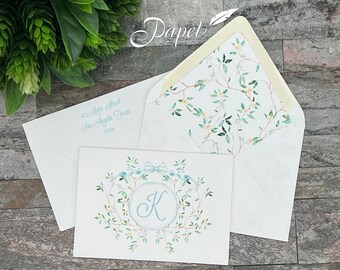 Set of 25 Personalized Foldover Notecard with printed return address and envelope liner, Thank you correspondence, Magnolia branch blooms