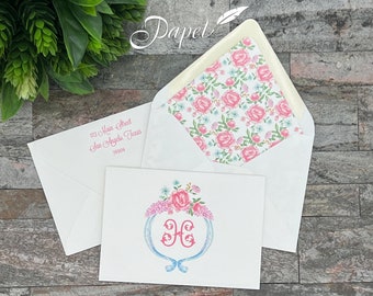 Set of 25 Personalized Foldover Notecard with printed return address and envelope liner, Thank you correspondence, Rose florals Swoon blooms