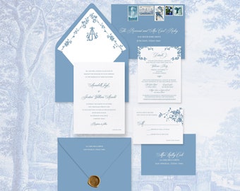 Blue & White Letterpress Wedding Invitation Suite: Chinoiserie Floral Design