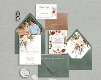 Boho Rust Sage Green Wedding Invitations, Earthtone Invitation Suite, Semi-custom invitations, lined envelopes, white ink return & guest