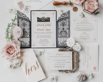 Retro Iron Gate Laser Cut Black Shimmer Wedding Invitations