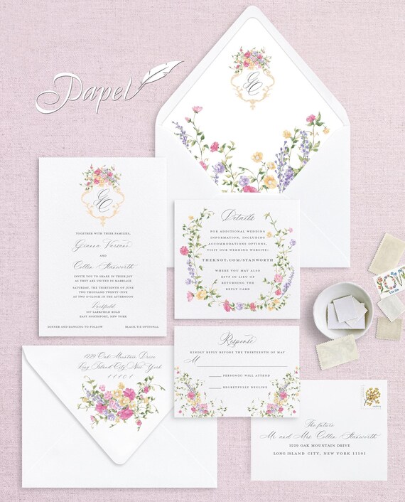 Floral Wedding Invitations: Whimsical Garden, Pink, Lavender, Yellow