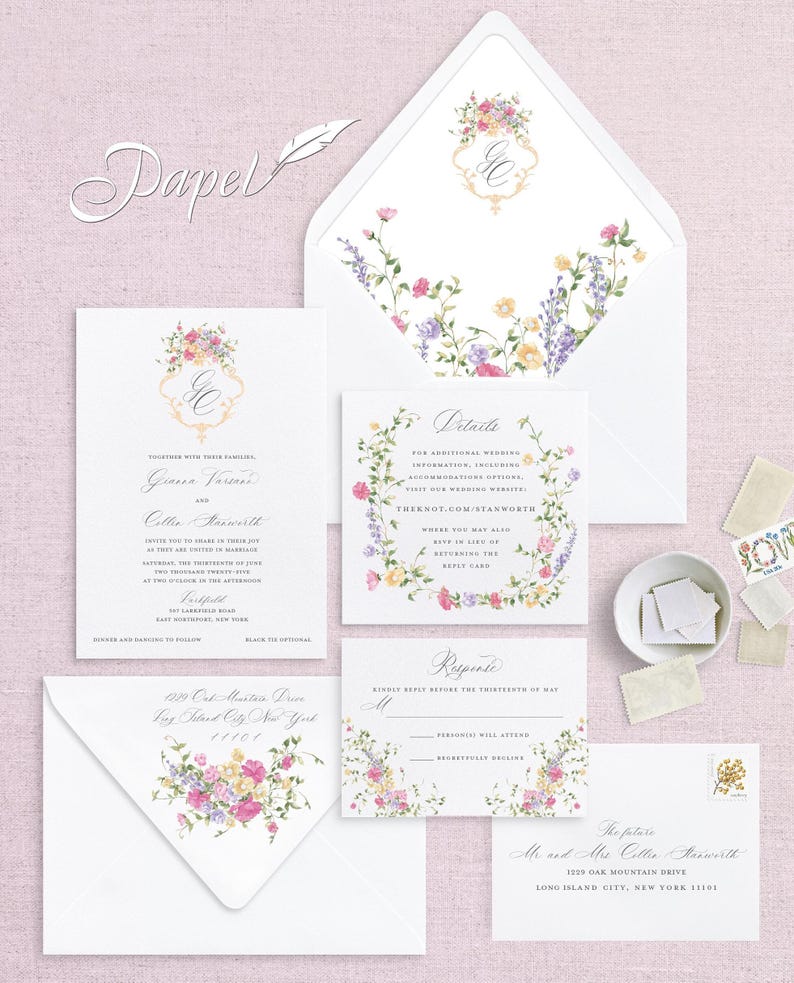 May include: A floral wedding invitation suite with a white background and a floral design. The invitation includes the names "Grave Varner" and "Cothe Starworth" and the date "Saturday, the twenty-seventh of June, two thousand twenty-three". The invitation also includes the address "1200 Oak Mastia Drive, Long Island City, New York 11101".