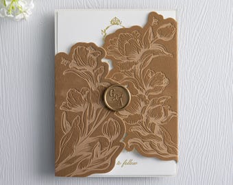 Stunning Gold Velvet Laser Cut Gatefold with Elegant Embossed Floral Design (other colors available)