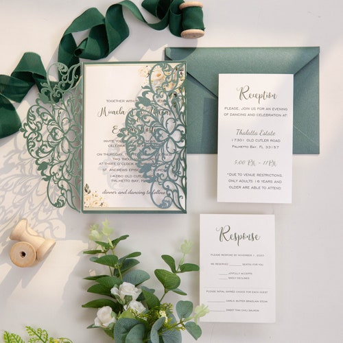Emerald Green Laser Cut Wedding Invitations Pocket Etsy