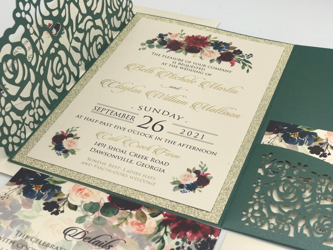 Emerald Green Laser Cut Wedding Invitations Pocket Etsy
