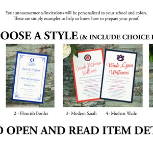 May include: An image showcasing five invitation styles with text: "PLEASE CHOOSE A STYLE (& INCLUDE CHOICE IN ORDER NOTES:)". Styles include Traditional, Flourish, Modern Sarah, Modern Wade, and No Border. The text "BE SURE TO OPEN AND READ ITEM DETAILS FMI..." is also present.