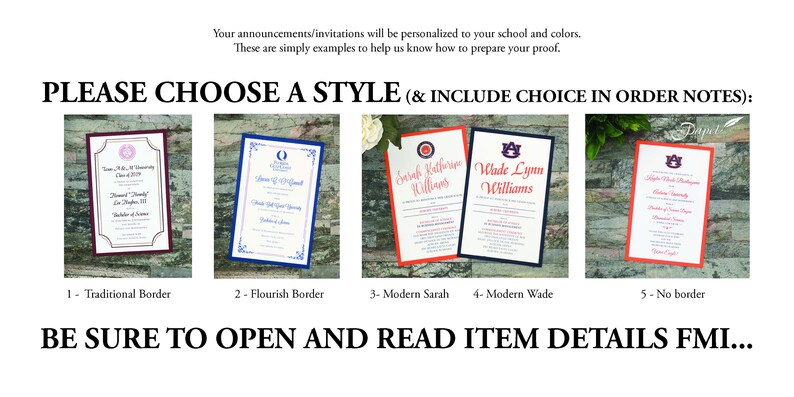 May include: An image showcasing five invitation styles with text: "PLEASE CHOOSE A STYLE (& INCLUDE CHOICE IN ORDER NOTES:)". Styles include Traditional, Flourish, Modern Sarah, Modern Wade, and No Border. The text "BE SURE TO OPEN AND READ ITEM DETAILS FMI..." is also present.