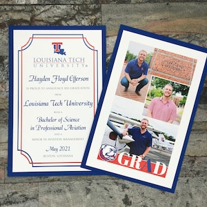 May include: Two graduation announcements with blue borders. One features text: "LOUISIANA TECH UNIVERSITY" and "Hayden Floyd Efferson." The other has photos and the word "GRAD." The announcements are on a textured gray surface.