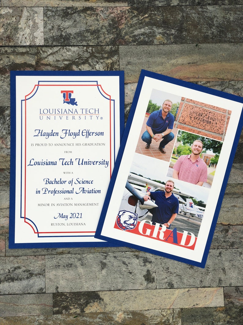 May include: Two graduation announcements with blue borders. One features text: "LOUISIANA TECH UNIVERSITY" and "Hayden Floyd Efferson." The other has photos and the word "GRAD." The announcements are on a textured gray surface.
